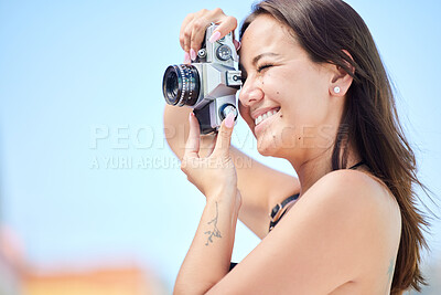 Buy stock photo Woman, camera or digital city photographer with art motivation, creative vision or Japanese blogging goals. Smile, happy or photography tourist working for social media or Tokyo travel marketing blog