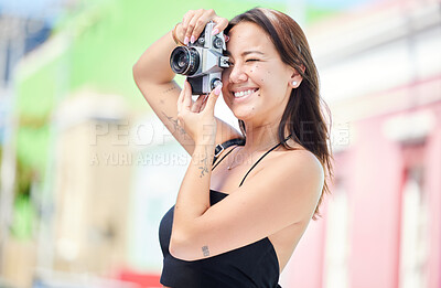 Buy stock photo Photographer with digital camera, urban photography or woman shooting Singapore color street on global travel vacation. Asian city girl, holiday memory photoshoot or young gen z student on world tour