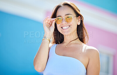 Buy stock photo Summer, fashion and sunglasses, style and woman while happy in urban and cityscape. Young, Asian model and stylish accessories, gen z travel and vacation, trendy and fashionable in the street.