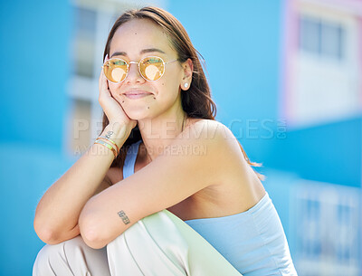 Buy stock photo Fashion sunglasses, asian and woman relax in urban city street for peace, freedom or Singapore vacation. Portrait of happy gen z girl on holiday with chic clothes, retro and vintage yellow glasses
