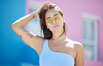 Buy stock photo City, fashion and portrait of woman with sunglasses for cool and trendy summer style on holiday. Asian, Gen Z and urban fashionista girl on vacation break in sunlight relaxing with retro glasses.