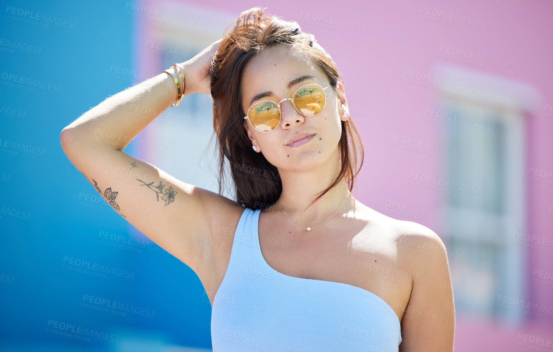 Buy stock photo City, fashion and portrait of woman with sunglasses for cool and trendy summer style on holiday. Asian, Gen Z and urban fashionista girl on vacation break in sunlight relaxing with retro glasses.