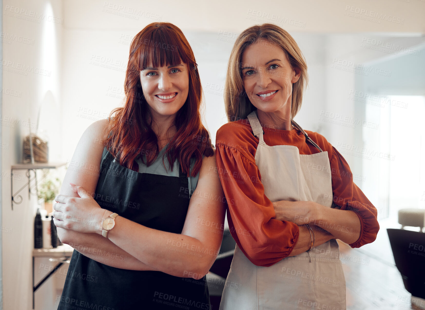 Buy stock photo Salon, teamwork and hair care with a woman hairdresser team standing arms crossed in their small business. Collaboration, startup and haircut with a a female employee and designer colleague at work