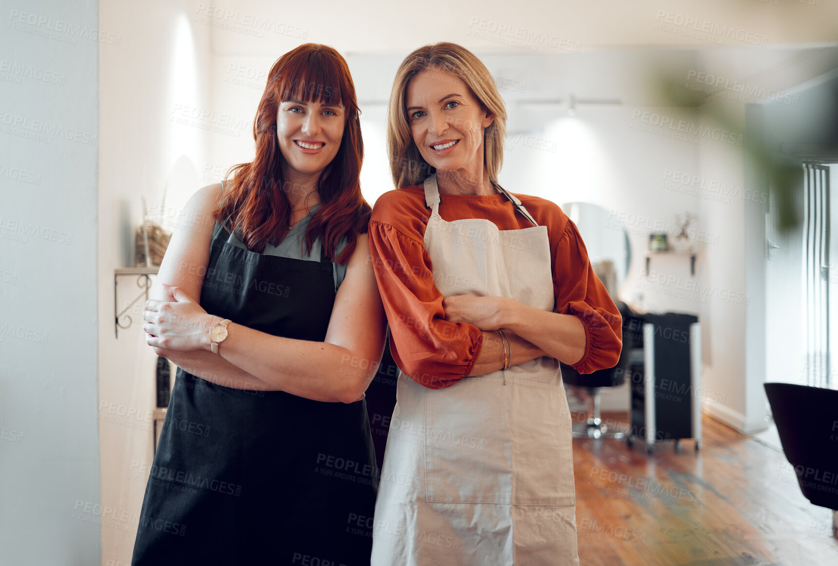 Buy stock photo Hair salon, friends and portrait of happy hairdressers standing in their small business together. Happiness, smile and professional women hairstylists with a startup beauty parlor in Australia.