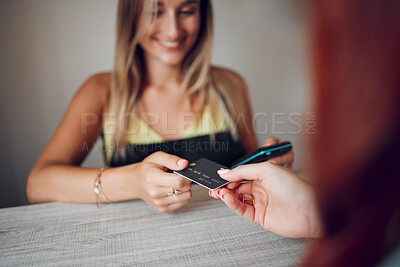 Buy stock photo Customer hand payment using credit card, machine or 5g technology for luxury retail sale. Manager, store owner or employee with internet nfc to tap, scan for the bill restaurant, store or coffee shop