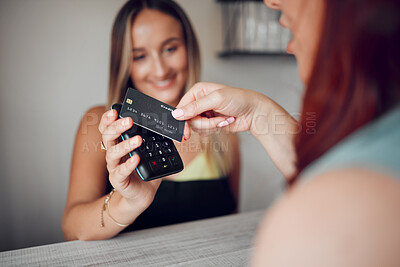 Buy stock photo Hands, woman and credit card tap to pay on electronic machine for wireless transaction at cafe. Hand of female in contactless payment tapping on scanner for purchase at a coffee shop or restaurant