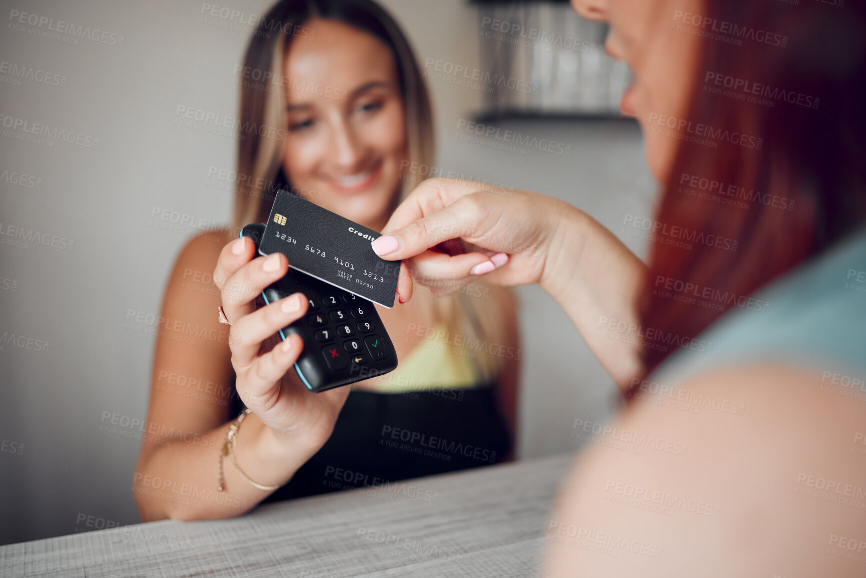 Buy stock photo Hands, woman and credit card tap to pay on electronic machine for wireless transaction at cafe. Hand of female in contactless payment tapping on scanner for purchase at a coffee shop or restaurant