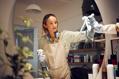 Buy stock photo Thinking, depression and cleaner cleaning dust at a salon with bored, sad and stressed thoughts. Depressed, mental health and thoughtful woman tired and unhappy with memory of failure and loss alone