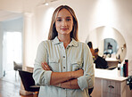 Entrepreneur, woman and small business owner at hairdresser, beauty parlor or salon with confidence, pride and motivation for work or service. Portrait of female hair stylist with arms folded at work