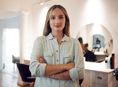 Buy stock photo Entrepreneur, woman and small business owner at hairdresser, beauty parlor or salon with confidence, pride and motivation for work or service. Portrait of female hair stylist with arms folded at work