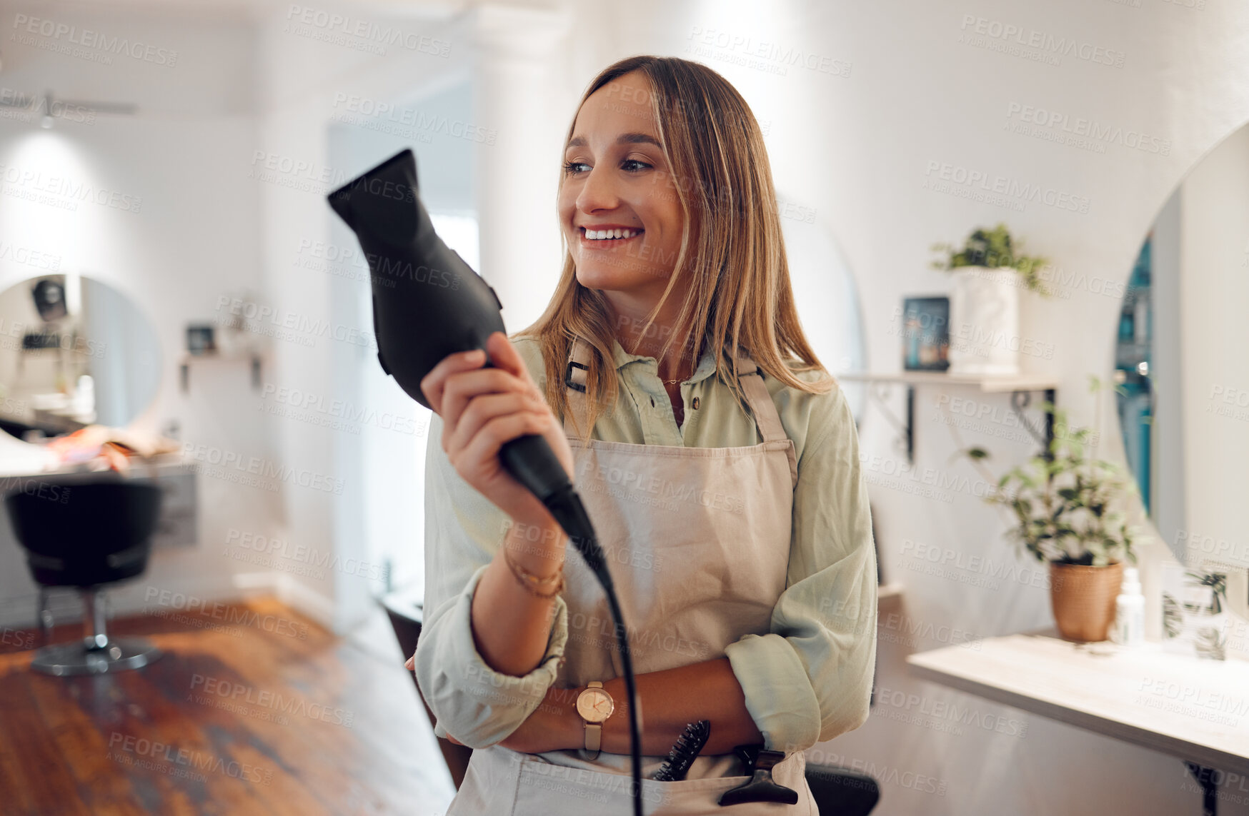 Buy stock photo Salon, hairdresser and woman with hairdryer for professional styling thinking and holding equipment. Smile of happy hair grooming girl with stylist expert heat tool enjoying calm contemplating moment