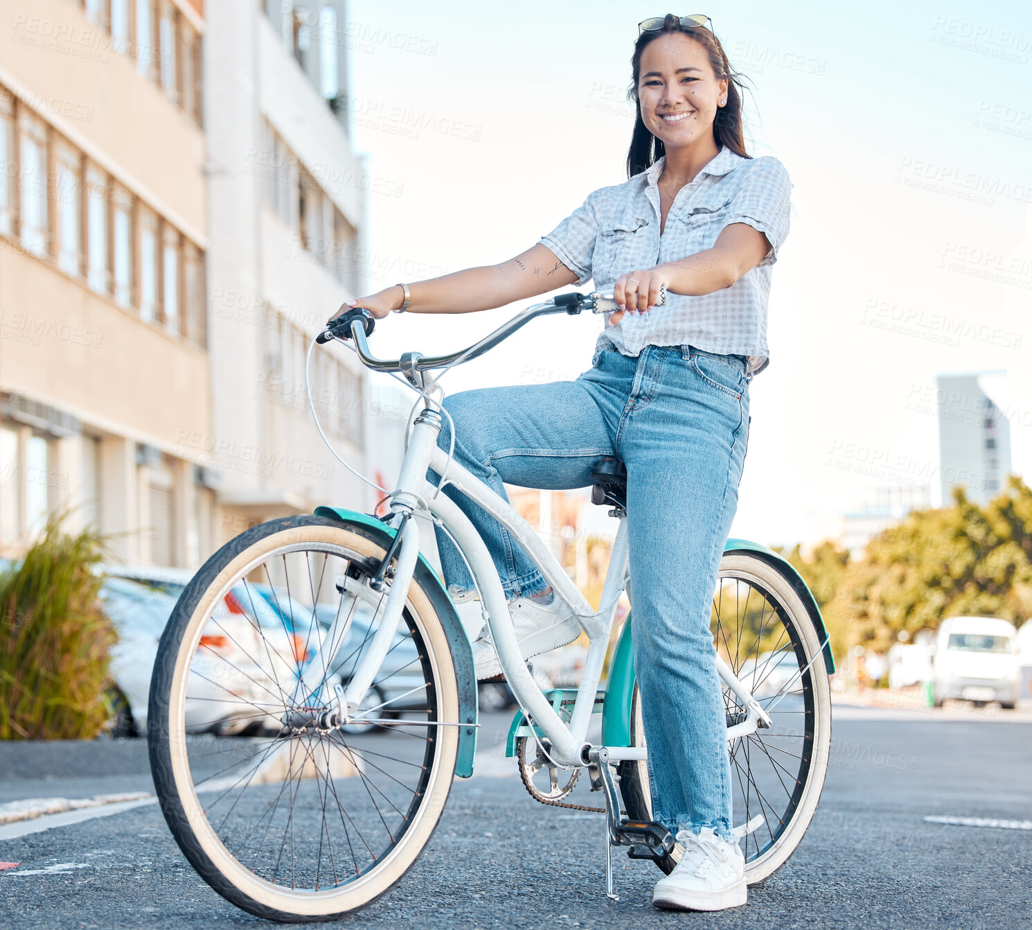 Buy stock photo Woman, bicycle and smile for travel in the city, streets of a student relaxing in the outdoors. Portrait of a happy asian female traveling on cycling tour in a urban town on a bike in South Africa