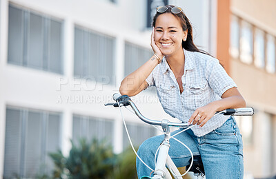 Buy stock photo Fashion, city and woman on bike portrait for outdoor ride on the weekend with urban retro style. Student, Gen Z and asian fashionista girl on vintage bicycle with cute, joyful and happy smile.