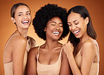 Happy, beauty and women diversity of model group laughing together with happiness. People smile feeling calm, female empowerment and community support experience a laugh and funny moment