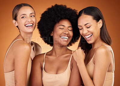 Buy stock photo Happy, beauty and women diversity of model group laughing together. People or girl friends smile feeling calm, female empowerment and skincare happiness experience feeling comfortable in their skin