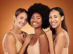 Natural, skincare and portrait of group of women to model beauty, cosmetics and makeup. Beauty products, diversity and multicultural girls with healthy skin, wellness and body care in brown studio
