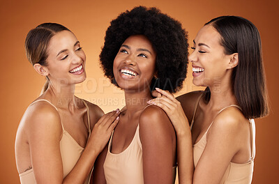 Buy stock photo Friends, beauty and women diversity of model group laugh, happy and friendship together. People smile feeling calm, female empowerment and community support experience a laugh in studio background