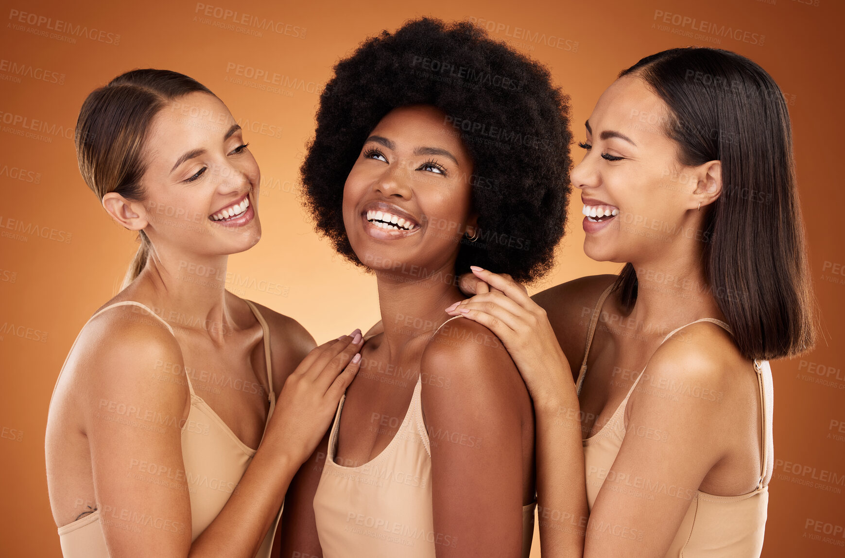 Buy stock photo Friends, beauty and women diversity of model group laugh, happy and friendship together. People smile feeling calm, female empowerment and community support experience a laugh in studio background