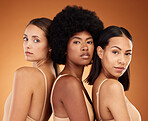 Beauty, diversity and skincare with woman friends in studio on a brown background for health or inclusion. Portrait, empowerment and wellness with a female model group posing for healthy skin