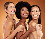 Beauty, happy and skincare women group smile together with healthy, glowing and clean skin. Diverse and natural cosmetic model girls smiling with satisfaction on brown studio background.

