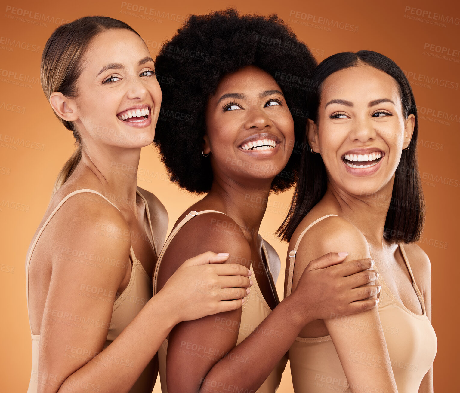 Buy stock photo Beauty, happy and skincare women group smile together with healthy, glowing and clean skin. Diverse and natural cosmetic model girls smiling with satisfaction on brown studio background.

