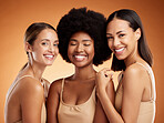 Power, women and portrait with smile, happy and makeup with brown studio background together. Diversity, female empowerment or girls being confident, proud or pose for cosmetics, inclusion or support