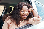 Black woman, happy and smile at window of car on road trip, travel or vacation. Portrait, woman and driver with happiness in transport on road, street or drive in sunshine outdoor in Cape Town