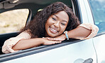 Road trip, black woman travel and car window relax, freedom and summer vacation, outdoor adventure or break. Portrait happy young african girl driving suv for journey, transportation and solo holiday