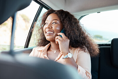 Buy stock photo Travel, black woman and phone call car passenger looking out window on journey with smile. Communication, connection and 5g tech of travelling African girl talking with smartphone in taxi.