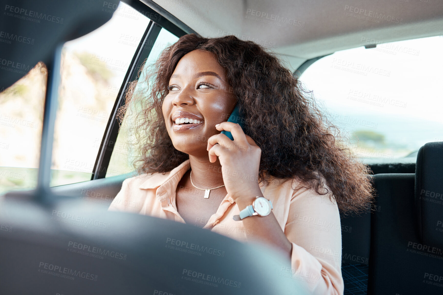 Buy stock photo Travel, black woman and phone call car passenger looking out window on journey with smile. Communication, connection and 5g tech of travelling African girl talking with smartphone in taxi.