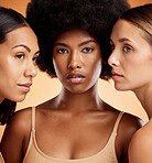 Beauty, skincare and diversity with model woman in studio on an orange background to promote a wellness product. Cosmetics, face and portrait of a female friends group posing for health and care