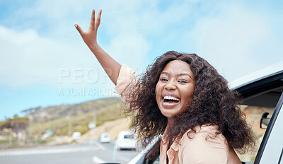 Buy stock photo Travel, road trip and excited black woman in window portrait for adventure journey, countryside lifestyle or outdoor holiday. Transportation car, happy person driving and sky cloud mockup background