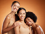 Beauty, diversity skincare portrait of women with smile, makeup and cosmetics for natural skin and hair. Group of self love female models posing for wellness and health against brown background