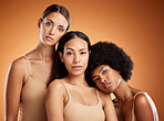 Beauty, diversity and skincare friends in studio, advertising natural, wellness and neutral product. Portrait, women and luxury model group bonding, grooming and hygiene routine for different people