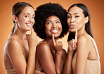 Sugar scrub, lips and women with skincare for body against orange studio background together. Portrait of happy, healthy and model group with smile for exfoliation, dermatology and cleaning of skin