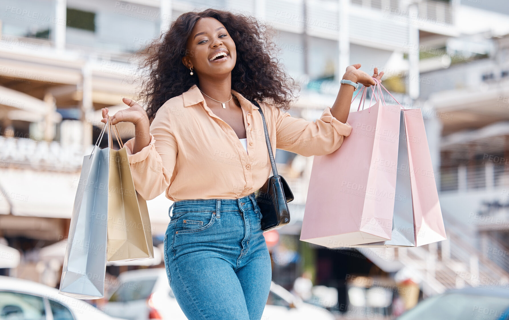 Buy stock photo Black woman, retail shopping bag and outdoor excited tourism, travel or buying, sales and market retail fashion store promotions in San Francisco. Happy portrait of wealthy city girl shopper purchase