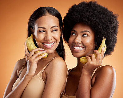 Buy stock photo Model, women and smile with banana for phone for beauty, wellness and comic time against studio backdrop. Black woman, fruit and funny together for health, skincare and happy with playing phone call