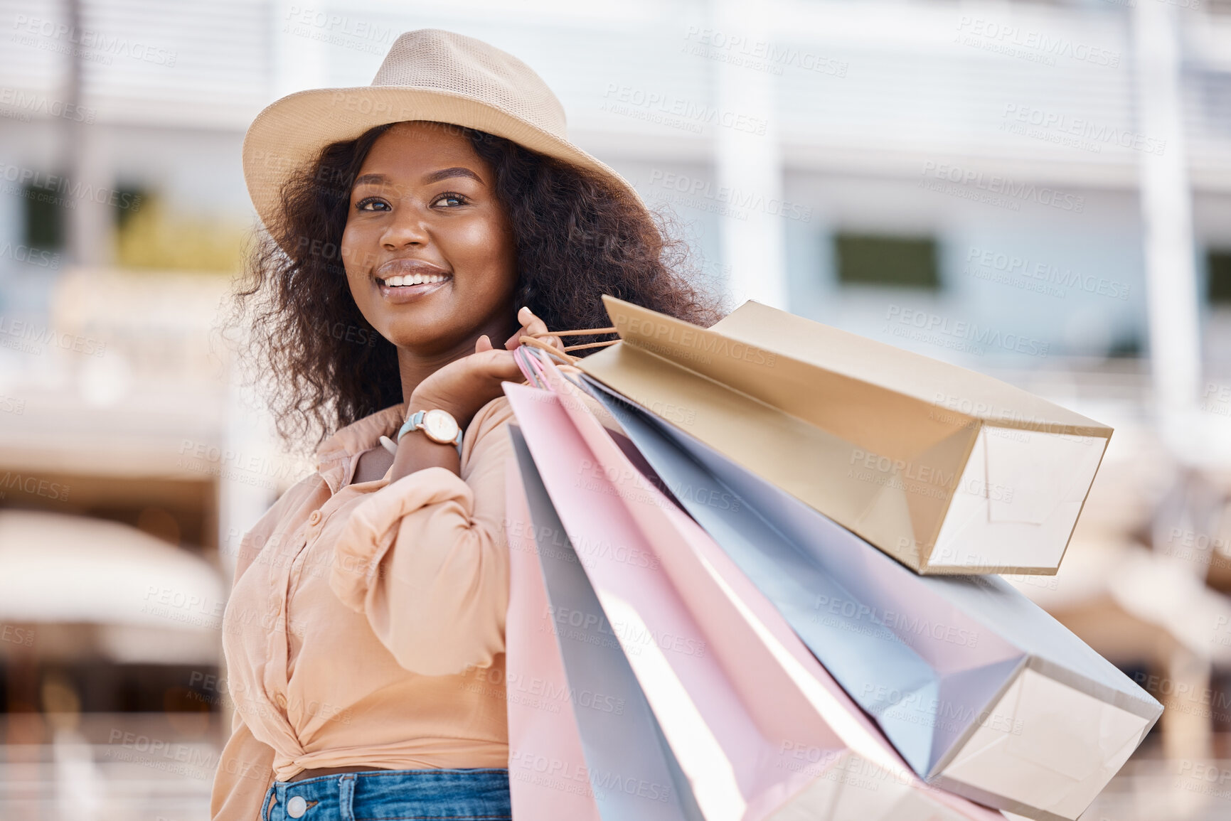 Buy stock photo Black woman, retail shopping bag and city customer buying sales, luxury fashion brands and summer market product choice from Brazil mall store. Style, happy and rich young consumer thinking in street