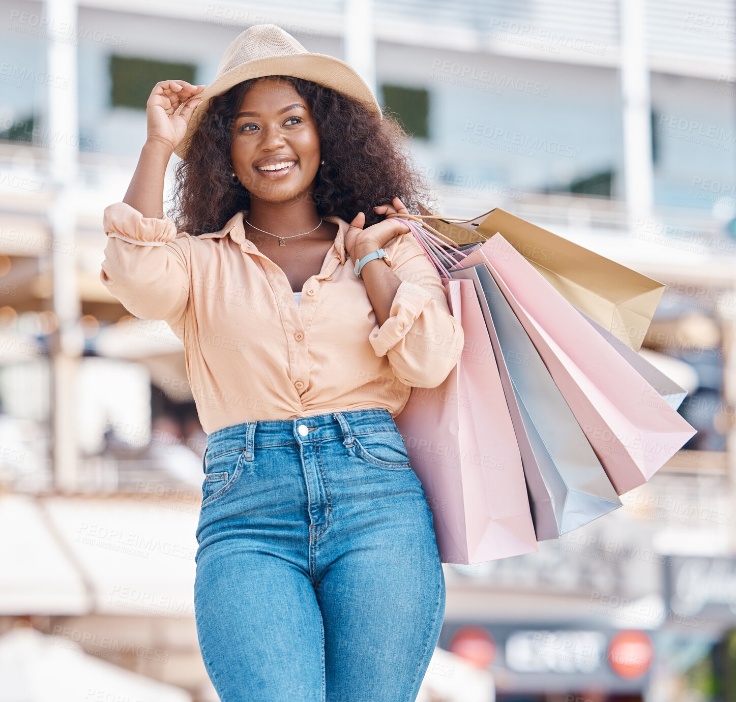 Buy stock photo Black woman, retail shopping bag and city travel for discount sales, summer market and fashion promotion in San Francisco California. Happy, wealthy and freedom of fun young girl spending on vacation