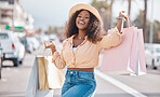Fashion black woman with shopping bags or happy with sale, discount or luxury retail brands of clothes in city. Customer with smile, boutique products or designer gift form store or shopping mall 