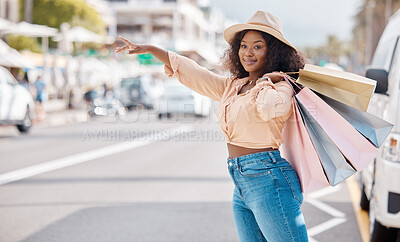 Buy stock photo Retail, shopping and taxi with black woman in city for travel, luxury and fashion in urban street. Happy, sales and gift with customer and discount bag in road to call cab transportation service