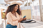 Shopping bag, phone and black woman on mobile for social media, fashion or happy with 5g app. Beauty, luxury and wealthy girl with smartphone for ecommerce payment onilne while on holiday in miami