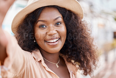 Buy stock photo Black woman, selfie portrait and city street fashion, face and influencer summer lifestyle, happiness and relax on vacation outdoors. Smile, happy and tourist black girl taking photos on social media