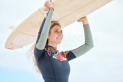Surf, happy and sports woman surfing athlete with a surfboard ready for fitness and exercise. Training motivation, workout and healthy water cardio of a person from Florida at the beach in summer