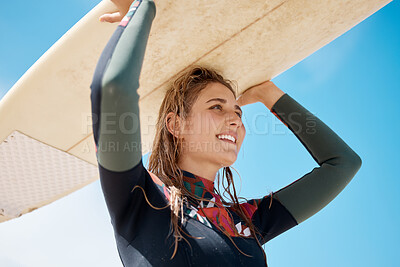 Buy stock photo Woman surfing board, beach sports and summer training for waves, freedom and happiness outdoors in Australia blue sky. Happy young surfer at ocean, sea and sunshine to relax, motivation and adventure