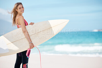 Beach, surfing and woman with surfboard, standing with smile on face in Australia. Surf, ocean waves and girl ready for water sports, enjoying summer holiday. Travel, sea and happy surfer in nature