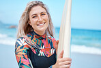 Happy, surfer and woman sport athlete at the beach water waves with a surfboard. Portrait of a sports person from California smile ready for sea surfing fitness, workout and exercise by the ocean