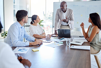 Buy stock photo Black man, laptop or business meeting speaker in presentation, strategy planning or digital marketing global office boardroom. Talking manager, mentor and leadership in teamwork collaboration on tech