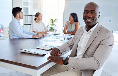 Buy stock photo Management, leadership and portrait of businessman in meeting for presentation, marketing and future growth. Innovation, goals and future with black man employee working in review, vision and idea