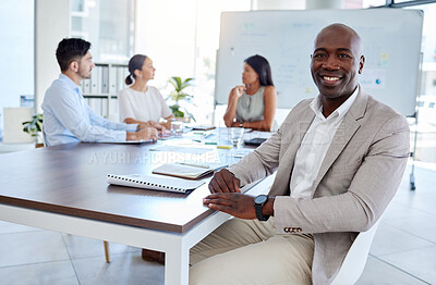 Buy stock photo Black man, business meeting and portrait in office, startup and teamwork planning in corporate company. Happy, smile and vision of executive businessman at table with motivation, goal and innovation 